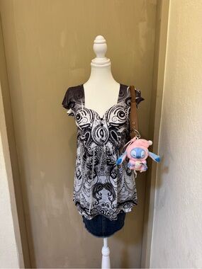 Y2K Unity World Wear Black & White Abstract Fairy Grunge Boho Babydoll Top S